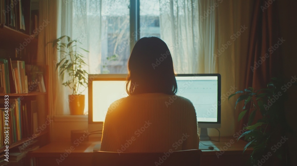 Poster woman silhouetted by sunlight while using a computer