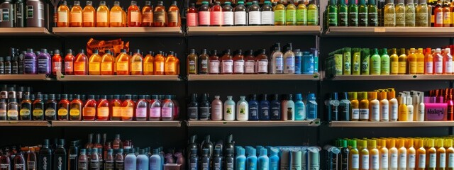 Colorful bottles of beauty products neatly organized on shelves