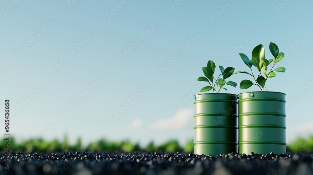 Aufkleber exploring the transition to green energy - oil barrels and icons in with copy space and selective fo