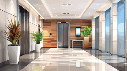 Modern Office Building Interior with Open Elevator and Furnished Hallway