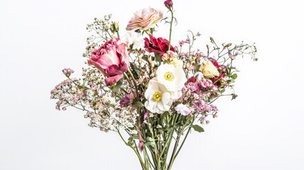 A minimalist photograph of a single bouquet of flowers against a clear white background, showcasing delicate floristic details. Generative AI