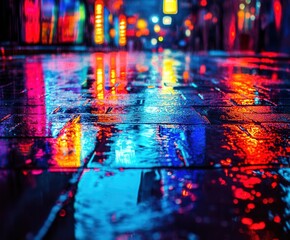 Naklejka premium Vibrant urban scene with colorful reflections on wet pavement after rain, evoking a lively city atmosphere at night.