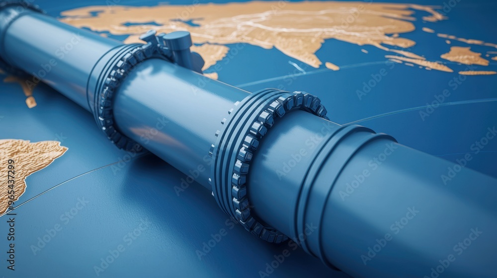 Poster global map oil and gas pipelines energy routes with copy space, selective focus on foreground -