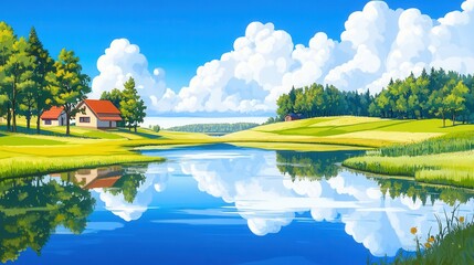 A serene rural landscape showcasing a tranquil river reflecting lush greenery and vibrant clouds under a bright blue sky.