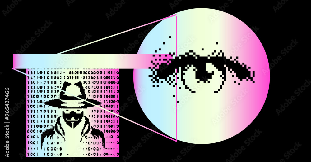 Aufkleber Collage of pixelated and distorted images of an anonymous hacker and human eye. Concept related to artificial intelligence and digital surveillance.