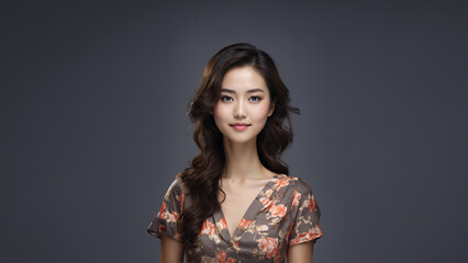 A beautiful brunette Japanese businesswoman with neat hair and healthy skin smiles at the camera. She has natural makeup and is posing in a studio