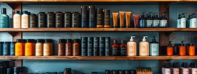 Colorful natural beauty products arranged on rustic wooden shelves