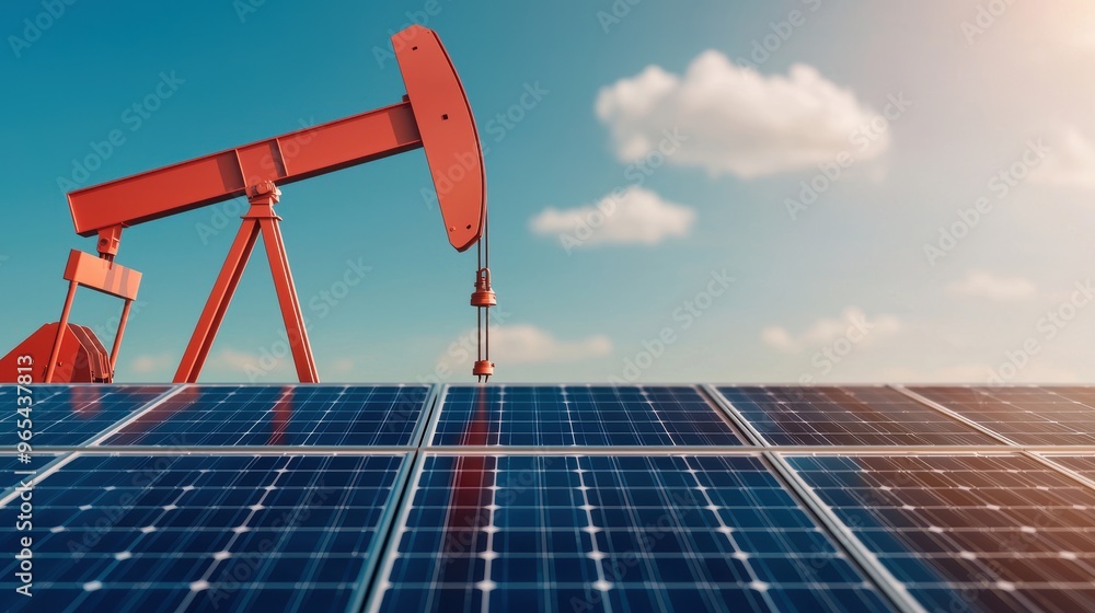 Poster making the switch: oil industry vs. solar panels - energy choices comparison in with copy space and 