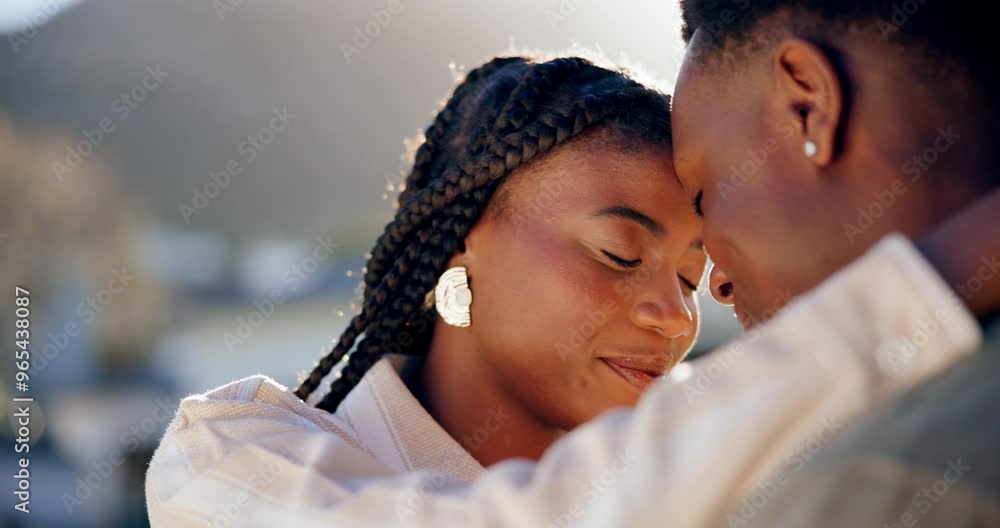 Sticker Happy, love and dancing with black couple and hug in backyard for romance, date and relationship. Marriage, embrace and anniversary with African man and woman bonding for relax, peace and calm