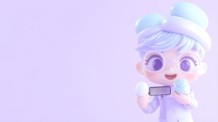 Cute Cartoon Character with Purple Hair and Pastel Background
