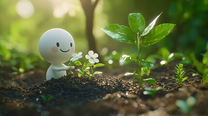 Joyful stick figure planting seeds in a forest with a blurred natural background, concept of participation in helping to the environmental conservation and help reduce global warming. Generative AI