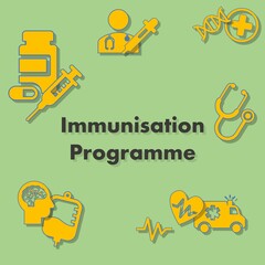 The illustration shows a picture of people, syringe, hospital, ambulans, love, hand and symbols of community. There is a word that is " Immunisation Programme " . © QARI NIK LAH