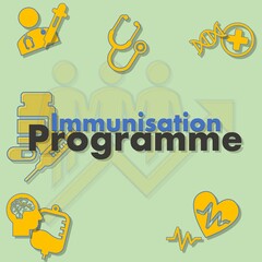 The illustration shows a picture of people, syringe, hospital, ambulans, love, hand and symbols of community. There is a word that is " Immunisation Programme " . © QARI NIK LAH