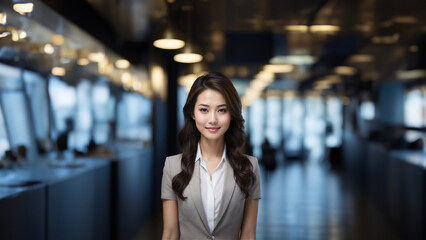 A beautiful brunette Japanese businesswoman with neat hair and healthy skin smiles at the camera. She has natural makeup and is posing in a studio