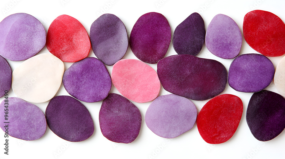 Poster colorful assortment of smooth stones arranged in a pattern on a white background showcasing various 