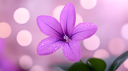 Fototapeta premium A close-up view of a delicate purple flower adorned with dewdrops, set against a softly blurred pink background with bokeh effect