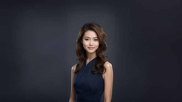 A beautiful brunette Japanese businesswoman with neat hair and healthy skin smiles at the camera. She has natural makeup and is posing in a studio