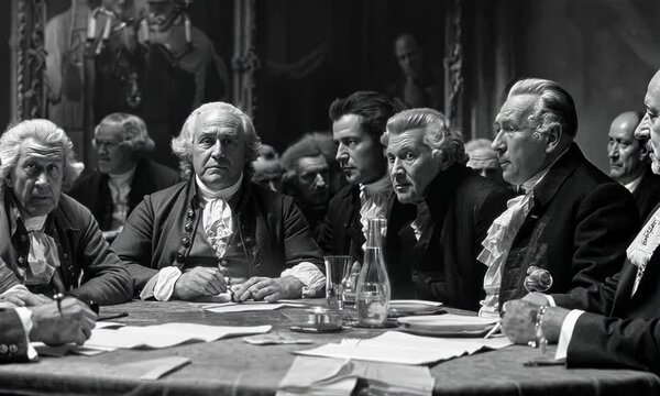 A scene of the signing of the Declaration of Independence, the Founding Fathers gathered around a table, their faces etched with determination. Video