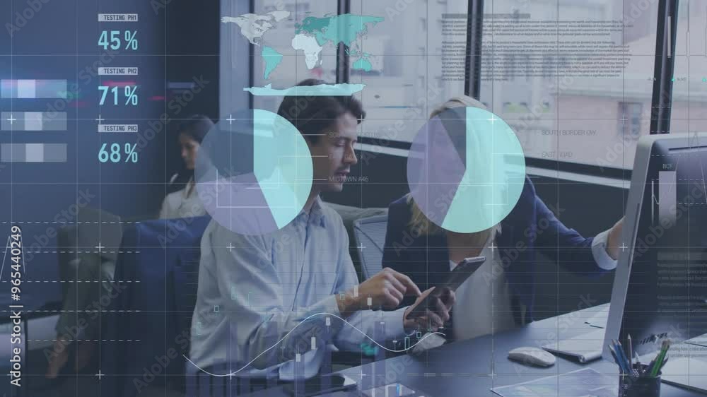 Aufkleber animation of financial data processing over diverse colleagues discussing work in office