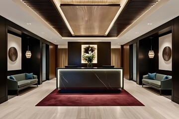Fototapeta premium Elegant Hotel Lobby Featuring Modern Reception Desk and Serene Lounge Area for Luxurious Stay and Inviting Arrival Experience
