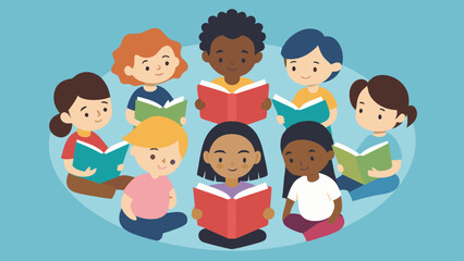 Children Reading Together: A group of diverse children sitting in a circle, engrossed in reading books.
