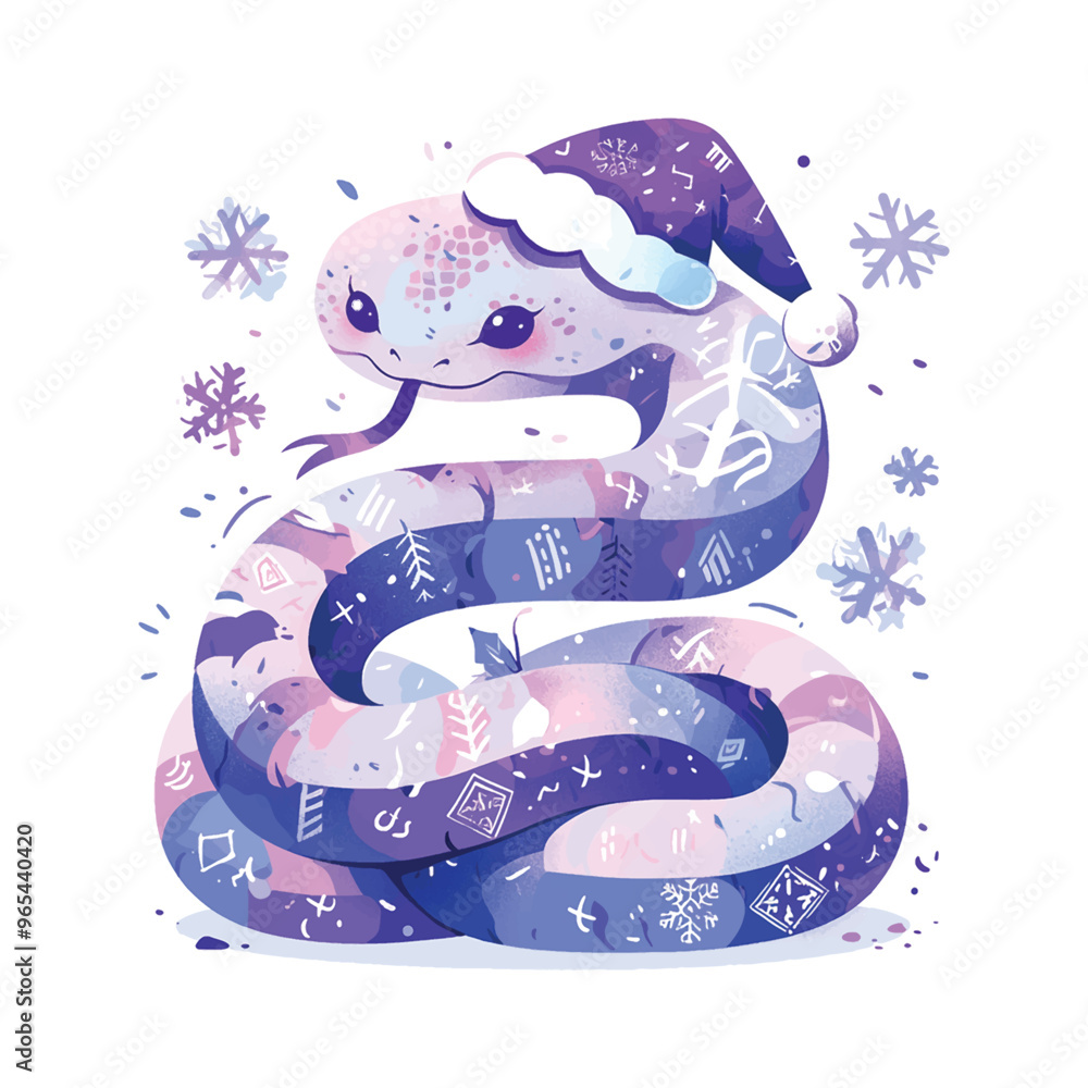 Poster 2025 purple snake with a snowflake pattern on its body. the snake is smiling and has a long tongue s