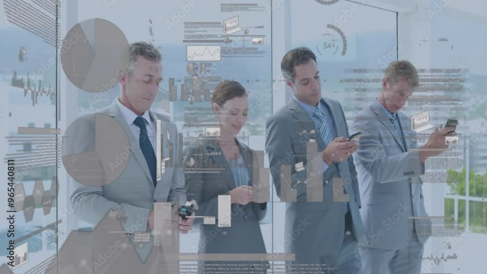 Poster animation of financial data processing over diverse colleagues using smartphones in office