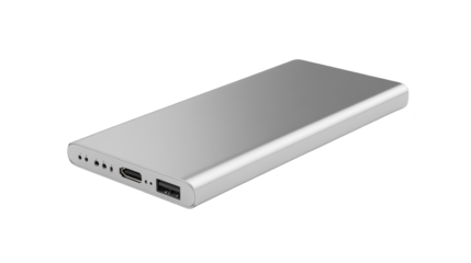 Silver Power Bank Charger with Multiple Ports on a Pixelated Background