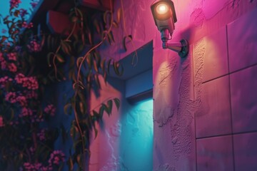 A security camera mounted on an exterior wall, rendered in artistic lighting with vibrant hues, symbolizing safety, surveillance, and modern technology in a contemporary setting.