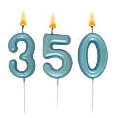 Burning blue birthday candles isolated on white background, number 350