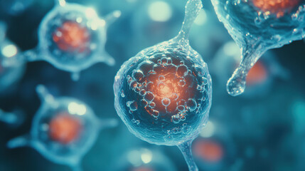 A digital rendering of human cells under a microscope, showcasing intricate cellular structures and interactions that symbolize advancements in biomedical research, cellular biology, and medical scien