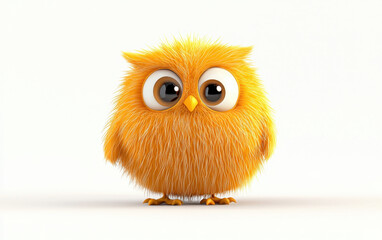 Fototapeta premium Cute fluffy orange owl with big eyes on a clean white background, perfect for children's books, toys, and animal-themed designs.
