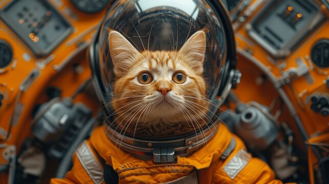 A curious orange cat dressed in an astronaut suit gazes intently, surrounded by advanced spacecraft controls and equipment