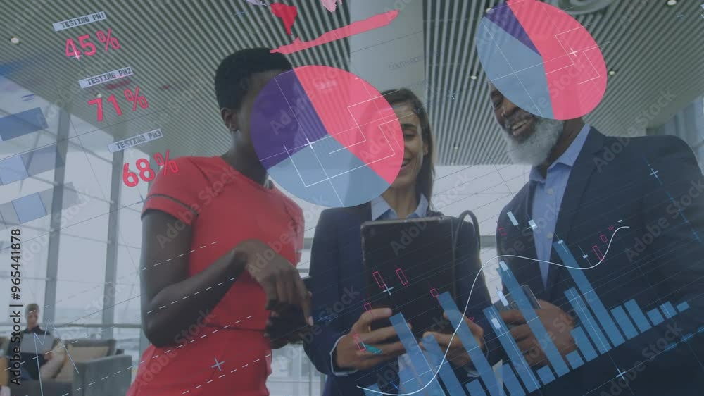 Poster animation of financial data processing over diverse colleagues discussing work in office