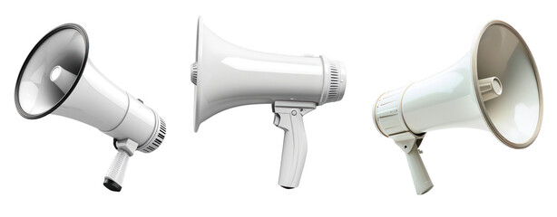 set of three white mega phone isolate transparent background