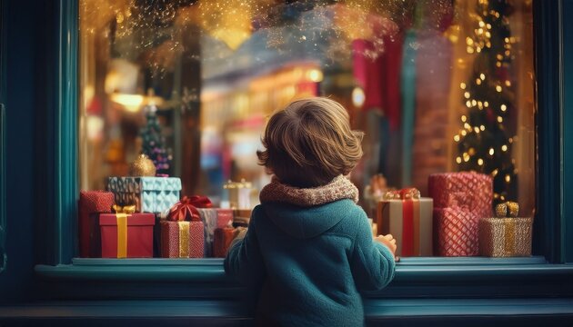 Un ni&ntilde;o en la calle con las manos apoyadas sobre el cristal del escaparate de una tienda tradicional navide&ntilde;a