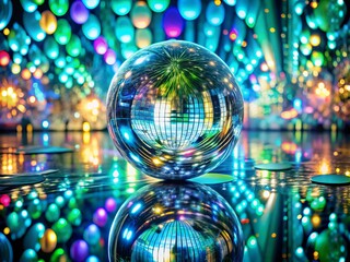 "Whirling sphere of mirrored glass, frosted patterns swirl to hypnotic music, bright lights reflected in shades of blue and green, whimsical splash of color."