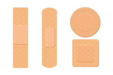 Medical plaster, strip. Breathable patch set. Firs aid tape, Different shapes. Recovery tape isolated on white background