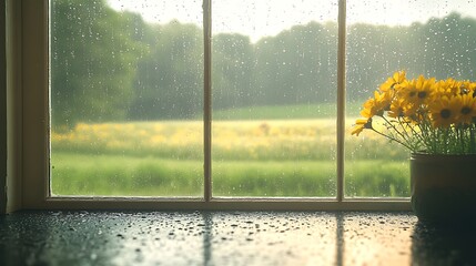 A farmhouse kitchen window with raindrops trickling down, showing an overcast, rain-soaked countryside outside. Soft shadows and reflections play on the window,