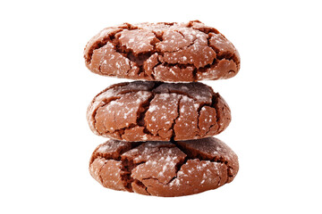 Obraz premium Chocolate brownie cookies with chunks of chocolate stacked isolated on white transparent background. Close-up shot, showcasing texture and richness