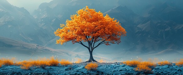 A striking orange tree rises amidst a tranquil mountain backdrop, enveloped by morning mist and the rich colors of autumn foliage