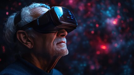 Senior man wearing VR headset, immersed in virtual reality, experiencing the metaverse.