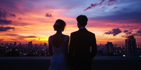 Fototapeta premium Silhouette of couple against a city sunset.