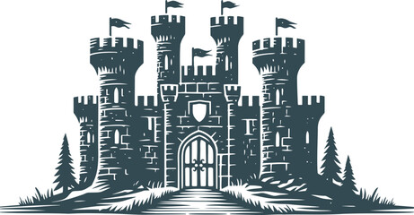 Fortified castle with high towers and arch made in retro engraving style simple minimalistic stencil drawing