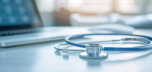 Close-up of a stethoscope on a desk next to a laptop, symbolizing healthcare and technology in a clinical setting.