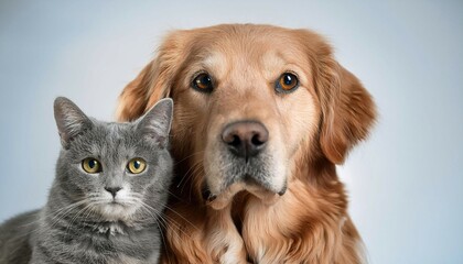 A Happy Golden Retriever and Grey Cat Posing Together in a Studio Setting