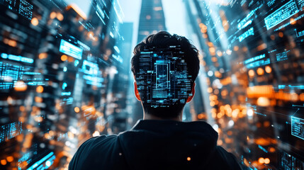 image depicts person standing in futuristic cityscape, with digital interface overlay on their head, symbolizing integration of technology and human experience. vibrant colors and glowing elements cr