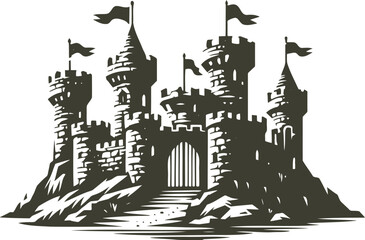 simple minimalistic stencil drawing of an old stone castle with towers and gates