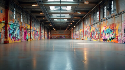 An expansive view of blank canvas in an abandoned warehouse, showcasing vibrant graffiti art on...