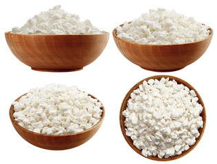 Cottage Cheese, Curd in wooden bowl, isolated on white background, full depth of field